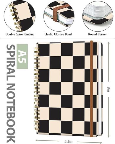 دفتر يوميات حلزوني للنساء، غلاف مقوى A5 دفتر ملاحظات جامعي، 120 صفحة، ورق سميك، مجلة مبطنة لطيفة للمدرسة والمكتب والعمل، 6 × 8.4 بوصة (أسود بيج منقوش) in Kuwait