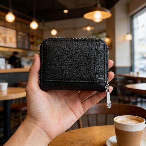 Leather Coin Purse With Zipper Closure, Compact Wallet With Card Slots And RFID Protection For Daily Use (Black) in Saudi Arabia