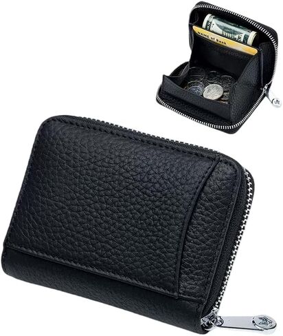 Leather Coin Purse With Zipper Closure, Compact Wallet With Card Slots And RFID Protection For Daily Use (Black) in Saudi Arabia