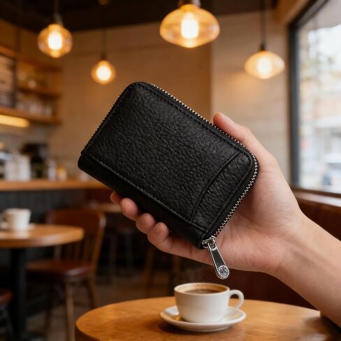Leather Coin Purse With Zipper Closure, Compact Wallet With Card Slots And RFID Protection For Daily Use (Black) in Saudi Arabia