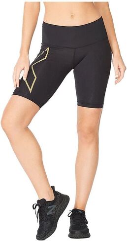 2XU Womens Light Speed Mid-Rise Compression Shorts - Lightweight & Flexible Support for Improved Running Performance - Black/Gold Reflective in Kuwait