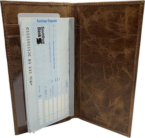 غطاء دفتر شيكات من الجلد الطبيعي للرجال والنساء، محفظة لحمل دفتر الشيكات، RFID، سلسلة الولايات المتحدة الأمريكية (أسمر) in Kuwait