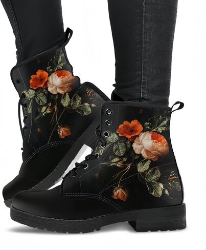 Women's Printed Short Boots Lace-up Block Heel Combat Ankle Booties for Girls Ladies Autumn and Winter Shoes Rose Skull Butterfly FLowers Cartoon Pattern in Saudi Arabia