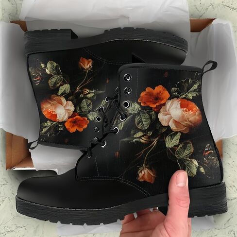 Women's Printed Short Boots Lace-up Block Heel Combat Ankle Booties for Girls Ladies Autumn and Winter Shoes Rose Skull Butterfly FLowers Cartoon Pattern in Saudi Arabia