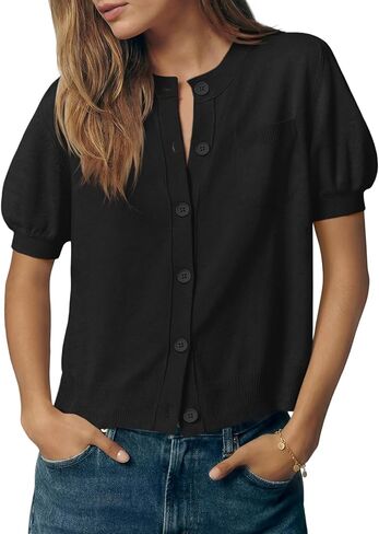 Saodimallsu Womens Puff Short Sleeve Cardigans Crew Neck Button Down Lightweight Casual Summer Knit Sweater Tops in Saudi Arabia