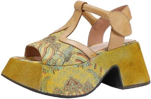 صيف جديد ريترو الوطنية نمط سليم مكتنزة وحيد منصة ضيقة النطاق الطباعة الزهور جلد طبيعي النساء صنادل طراز جلاديتور 50303 in Kuwait