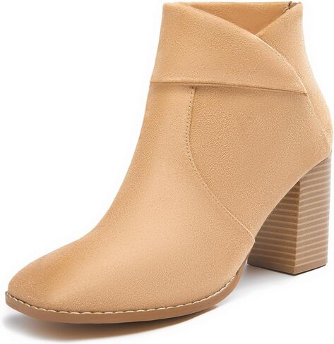 Women's Square Toe Ankle Boots High Chunky Stacked Heel Slip On Criss Cross Zipper Booties in Saudi Arabia