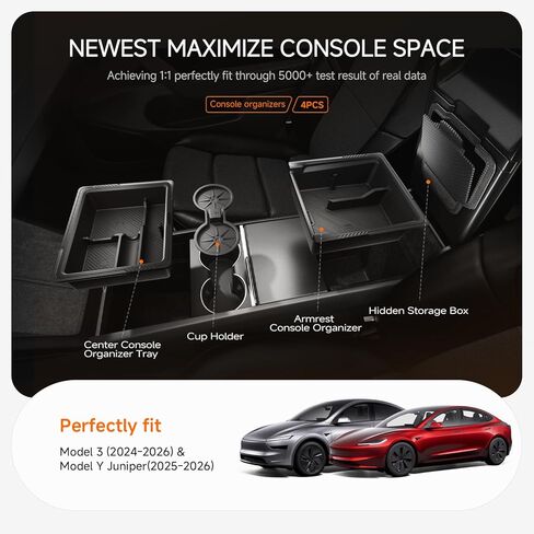 منظم وحدة التحكم المركزية لـ Tesla New Model Y Juniper/Model 3 [تصميم من طبقتين، سهل الانزلاق] حافظ على وحدة التحكم خالية من الفوضى وتناسب مخصص لطراز 2024-2026 موديل 3 وملحقات Juniper Model Y، 4 قطع in Kuwait