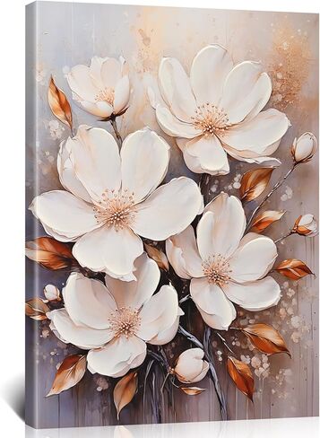 Poemwish Flower Wall Art, White Magnolia Style Floral Decor, Golden Leaves and Petal Canvas Wall Art, Blue Cream Background with Gold Accents, Elegant Floral Artwork in Saudi Arabia