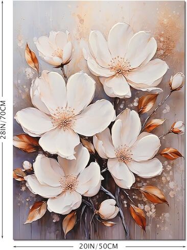 Poemwish Flower Wall Art, White Magnolia Style Floral Decor, Golden Leaves and Petal Canvas Wall Art, Blue Cream Background with Gold Accents, Elegant Floral Artwork in Saudi Arabia