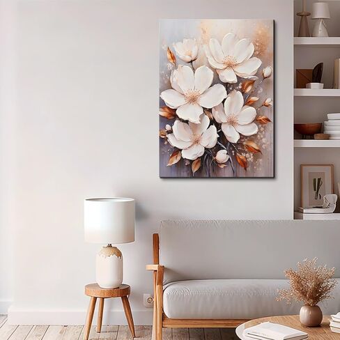 Poemwish Flower Wall Art, White Magnolia Style Floral Decor, Golden Leaves and Petal Canvas Wall Art, Blue Cream Background with Gold Accents, Elegant Floral Artwork in Saudi Arabia