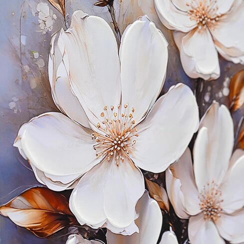 Poemwish Flower Wall Art, White Magnolia Style Floral Decor, Golden Leaves and Petal Canvas Wall Art, Blue Cream Background with Gold Accents, Elegant Floral Artwork in Saudi Arabia