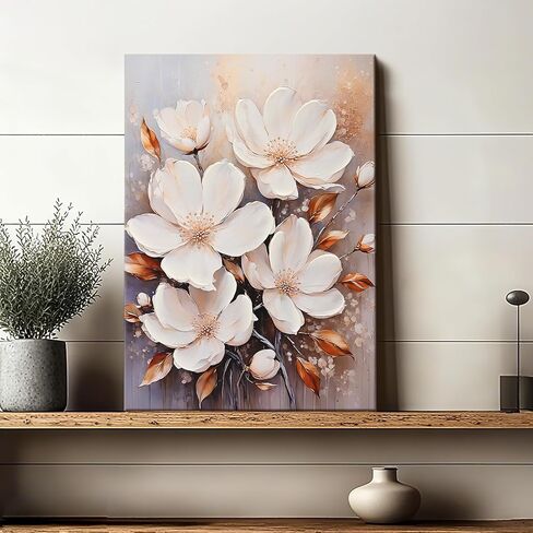 Poemwish Flower Wall Art, White Magnolia Style Floral Decor, Golden Leaves and Petal Canvas Wall Art, Blue Cream Background with Gold Accents, Elegant Floral Artwork in Saudi Arabia