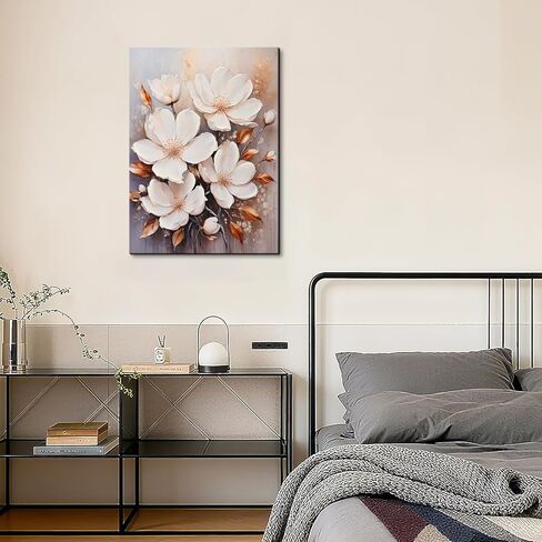 Poemwish Flower Wall Art, White Magnolia Style Floral Decor, Golden Leaves and Petal Canvas Wall Art, Blue Cream Background with Gold Accents, Elegant Floral Artwork in Saudi Arabia