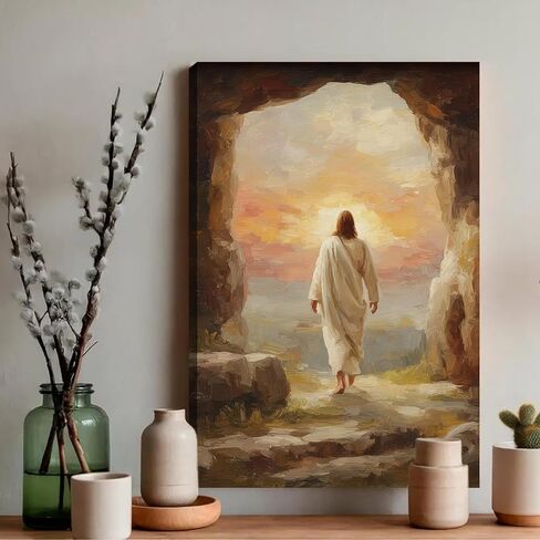 يسوع قماش جدار الفن ديكور، عيد الفصح يسوع يترك القبر اللوحة ملصق، كريستين المنقذ صور لحائط غرفة المعيشة غرفة نوم الكنيسة ديكور المنزل 16 * 24 في (قماش ممتد على إطار خشبي) in Kuwait