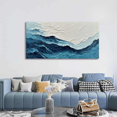 Diathou Art مرسومة يدويًا بنسيج موجة المحيط الأزرق لوحة زيتية فنية تجريدية حديثة - عمل فني لتزيين الحائط بحجم كبير 30 × 60 بوصة in Kuwait