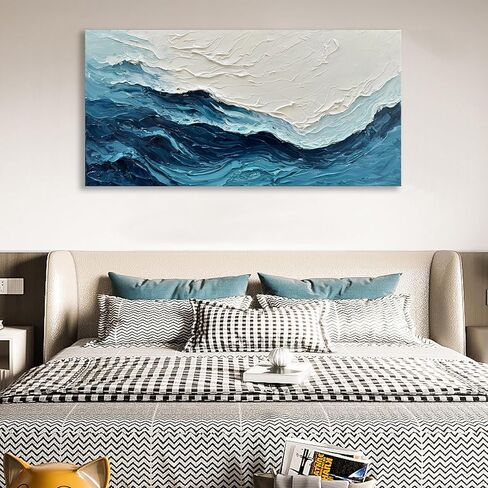Diathou Art مرسومة يدويًا بنسيج موجة المحيط الأزرق لوحة زيتية فنية تجريدية حديثة - عمل فني لتزيين الحائط بحجم كبير 30 × 60 بوصة in Kuwait