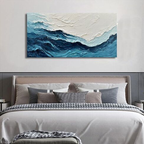 Diathou Art مرسومة يدويًا بنسيج موجة المحيط الأزرق لوحة زيتية فنية تجريدية حديثة - عمل فني لتزيين الحائط بحجم كبير 30 × 60 بوصة in Kuwait