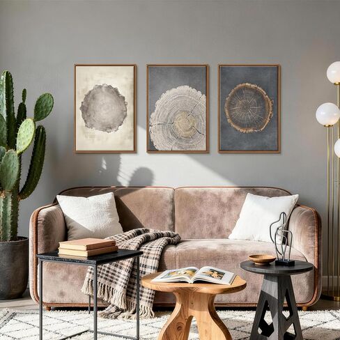 WENGTIAO 3Pcs Neutral Tree Ring Framed Canvas Wall Art Beige Gray Wood Stump Paintings Nature Rustic Farmhouse Wall Decor Pictures Modern Art Prints For Living Room Bedroom Office 16"x24"x3 in Kuwait