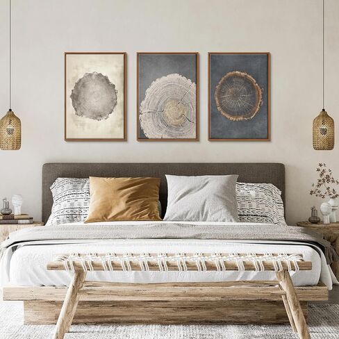 WENGTIAO 3Pcs Neutral Tree Ring Framed Canvas Wall Art Beige Gray Wood Stump Paintings Nature Rustic Farmhouse Wall Decor Pictures Modern Art Prints For Living Room Bedroom Office 16"x24"x3 in Kuwait