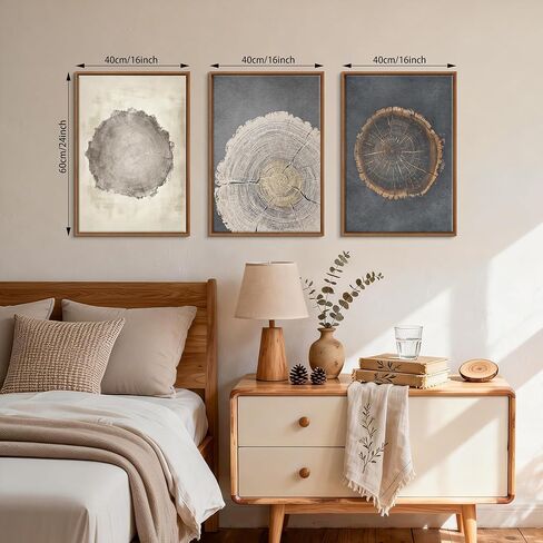WENGTIAO 3Pcs Neutral Tree Ring Framed Canvas Wall Art Beige Gray Wood Stump Paintings Nature Rustic Farmhouse Wall Decor Pictures Modern Art Prints For Living Room Bedroom Office 16"x24"x3 in Kuwait