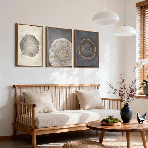 WENGTIAO 3Pcs Neutral Tree Ring Framed Canvas Wall Art Beige Gray Wood Stump Paintings Nature Rustic Farmhouse Wall Decor Pictures Modern Art Prints For Living Room Bedroom Office 16"x24"x3 in Kuwait