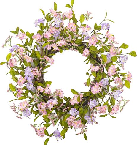 22" Spring Wreath for Front Door Lush Summer Floral Pink Cherry Blossom Purple Lilac Grapevine Base Artificial Wreaths for Outdoor Indoor Easter Decor in Saudi Arabia