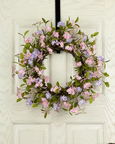 22" Spring Wreath for Front Door Lush Summer Floral Pink Cherry Blossom Purple Lilac Grapevine Base Artificial Wreaths for Outdoor Indoor Easter Decor in Saudi Arabia