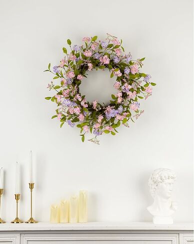 22" Spring Wreath for Front Door Lush Summer Floral Pink Cherry Blossom Purple Lilac Grapevine Base Artificial Wreaths for Outdoor Indoor Easter Decor in Saudi Arabia