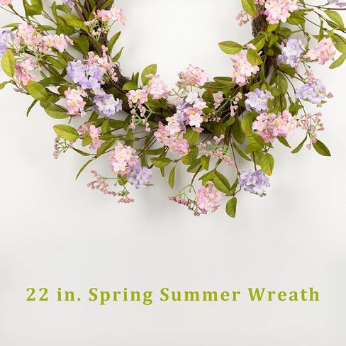 22" Spring Wreath for Front Door Lush Summer Floral Pink Cherry Blossom Purple Lilac Grapevine Base Artificial Wreaths for Outdoor Indoor Easter Decor in Saudi Arabia