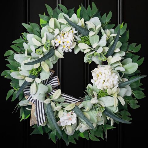 Lamb’s Ear Wreaths for Front Door Window Porch, 20-22" Spring Summer Greenery Wreath for Indoor Outdoor Farmhouse, Artificial Year-Round Hmoe Decor with Bow Hydrangea in Saudi Arabia
