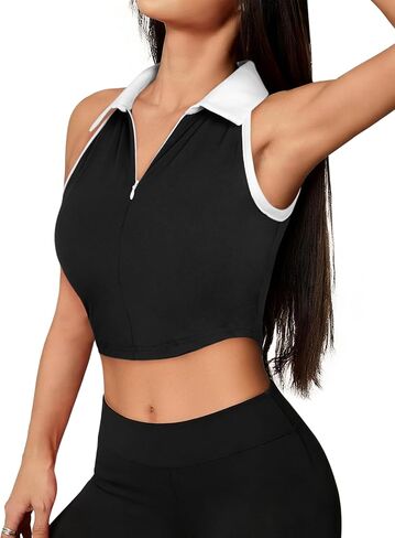 Remidoo Women's Polo Crop Tank Top Sleeveless Half Zip Collared Athletic Tennis Shirt in Saudi Arabia