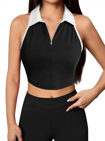 Remidoo Women's Polo Crop Tank Top Sleeveless Half Zip Collared Athletic Tennis Shirt in Saudi Arabia