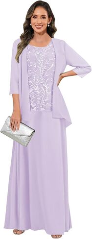 فساتين أم العروس بأكمام 3/4 للنساء شيفون A Line 3 قطع دانتيل فستان رسمي طويل لحفلات الزفاف in Kuwait