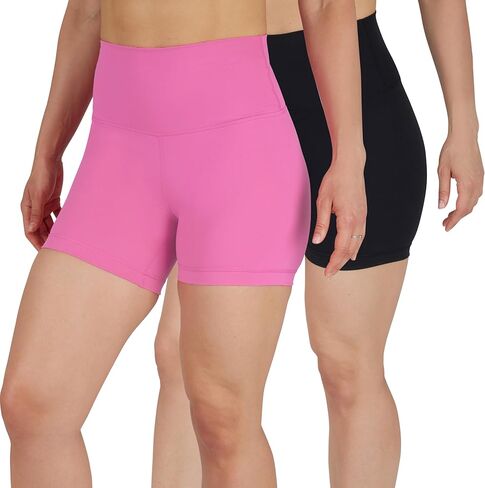 Yogalicious Womens 5", 7" High Waisted Biker Shorts Squat Proof Workout Yoga Short 2 Pack - Sugar Plum/Black 5" Elastic Free - Large in Saudi Arabia