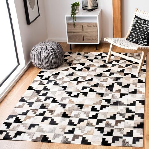 SAFAVIEH Studio Leather Collection 2'3" x 7' Ivory / Black STL172A Handmade Mid-Century Modern Leather Runner Rug in Kuwait