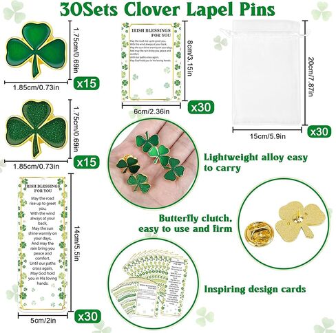 30 مجموعة من دبابيس القرنفل لعيد القديس باتريك إكسسوارات دبوس شامروك بطاقات نعمة الإشارات المرجعية حقائب بيضاء لحفلات القديس باتريك الأيرلندية هدايا الحظ السعيد السائبة in Kuwait