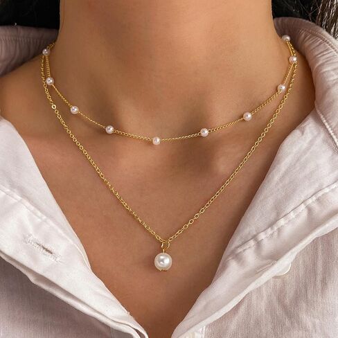Pearl Necklaces for Women Dainty Gold Chain Layered Necklaces Hypoallergic Pearl Pendant Choker Necklace with Adjustable Chain Stacking Jewelry Non Tarnish Birthday Gifts for Women Bridesmaids Gifts in Saudi Arabia