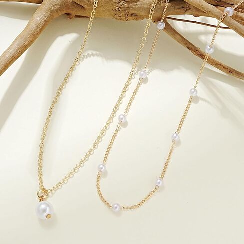 Pearl Necklaces for Women Dainty Gold Chain Layered Necklaces Hypoallergic Pearl Pendant Choker Necklace with Adjustable Chain Stacking Jewelry Non Tarnish Birthday Gifts for Women Bridesmaids Gifts in Saudi Arabia