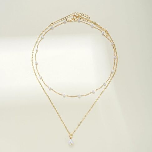 Pearl Necklaces for Women Dainty Gold Chain Layered Necklaces Hypoallergic Pearl Pendant Choker Necklace with Adjustable Chain Stacking Jewelry Non Tarnish Birthday Gifts for Women Bridesmaids Gifts in Saudi Arabia
