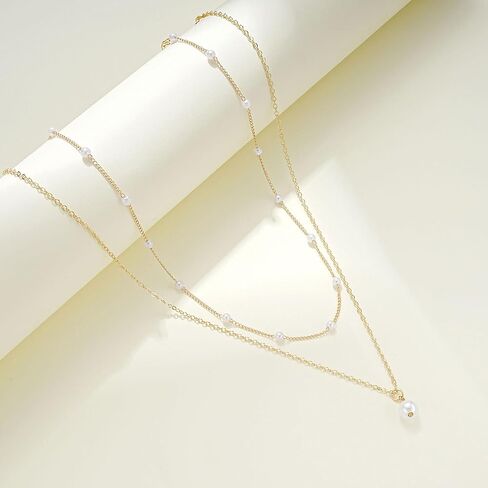 Pearl Necklaces for Women Dainty Gold Chain Layered Necklaces Hypoallergic Pearl Pendant Choker Necklace with Adjustable Chain Stacking Jewelry Non Tarnish Birthday Gifts for Women Bridesmaids Gifts in Saudi Arabia