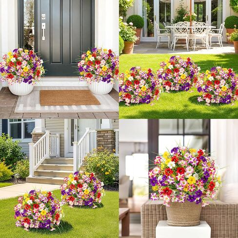 MACTING 2 حزمة من أشجار الكرة توبياري من خشب البقس الاصطناعي مع زهور مجد الصباح الكبيرة، 24.4 بوصة شجيرات صناعية دائمة الخضرة مقاومة للأشعة فوق البنفسجية مع مسامير أرضية للشرفة الخارجية وفناء الحديقة وديكور الربيع والصيف in Kuwait