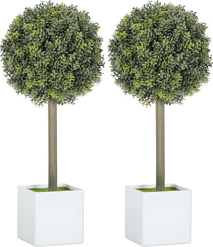 HOMCOM Lifelike Artificial Plants Set of 2, 1.5FT Potted Faux Trees with 114 PE Leaves, Fake Boxwood Topiary Balls for Home or Office Decor, Green in Saudi Arabia