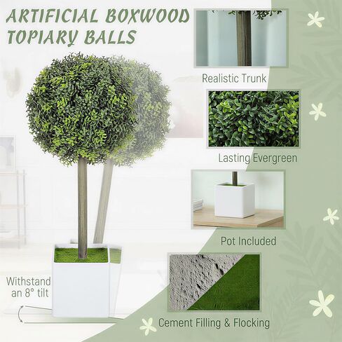 HOMCOM Lifelike Artificial Plants Set of 2, 1.5FT Potted Faux Trees with 114 PE Leaves, Fake Boxwood Topiary Balls for Home or Office Decor, Green in Saudi Arabia