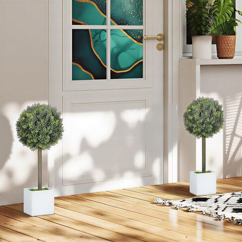 HOMCOM Lifelike Artificial Plants Set of 2, 1.5FT Potted Faux Trees with 114 PE Leaves, Fake Boxwood Topiary Balls for Home or Office Decor, Green in Saudi Arabia