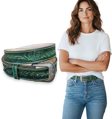 DANIEL'S ARTPLANET Women's Western Belt 1.5" Wide Full Grain One Piece Leather Belt with Buckle Handmade Engraved Tooled in Kuwait