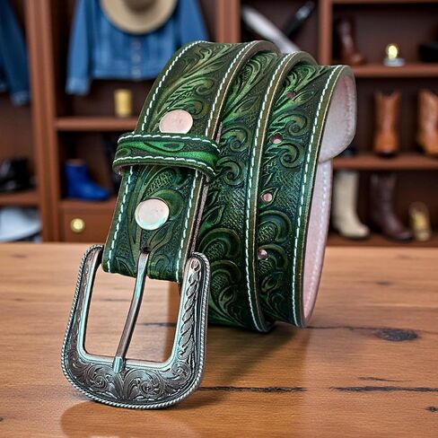 DANIEL'S ARTPLANET Women's Western Belt 1.5" Wide Full Grain One Piece Leather Belt with Buckle Handmade Engraved Tooled in Kuwait