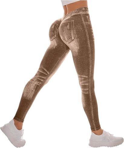 Workout Leggings for Women Faux Denim Print Compression Jeggings V Back Butt Lifting High Waist Yoga Pants in Saudi Arabia