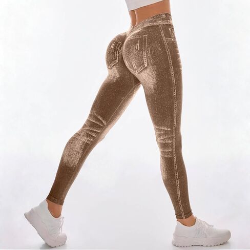 Workout Leggings for Women Faux Denim Print Compression Jeggings V Back Butt Lifting High Waist Yoga Pants in Saudi Arabia