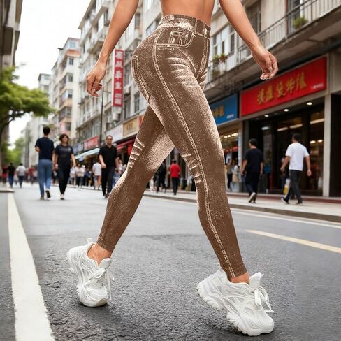 Workout Leggings for Women Faux Denim Print Compression Jeggings V Back Butt Lifting High Waist Yoga Pants in Saudi Arabia
